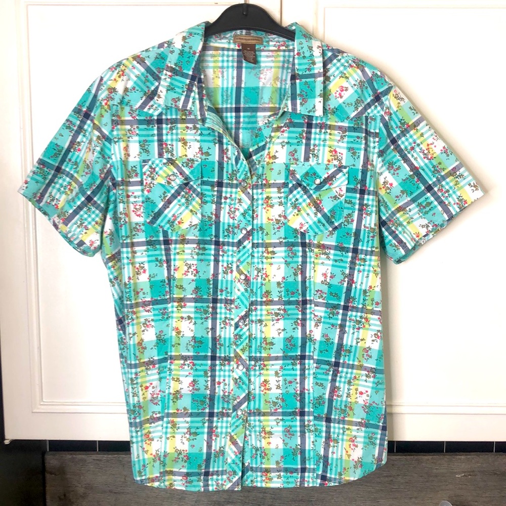 Bit & Bridle Plaid Floral Pearl Snap Shirt Size XL Woman’s